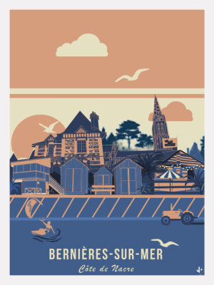 affiche illustrée de la digue de bernières sur mer Calvados Normandie