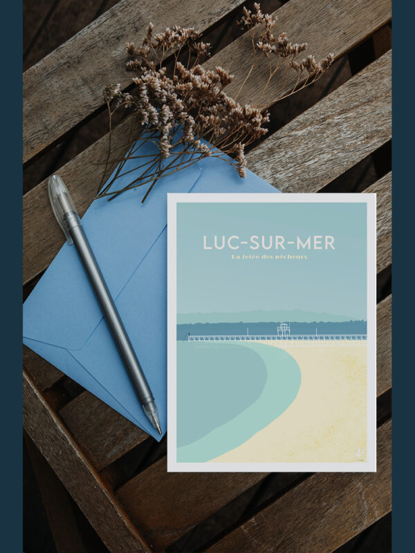 carte postale illustrée de Luc sur Mer et la jetée des pêcheurs